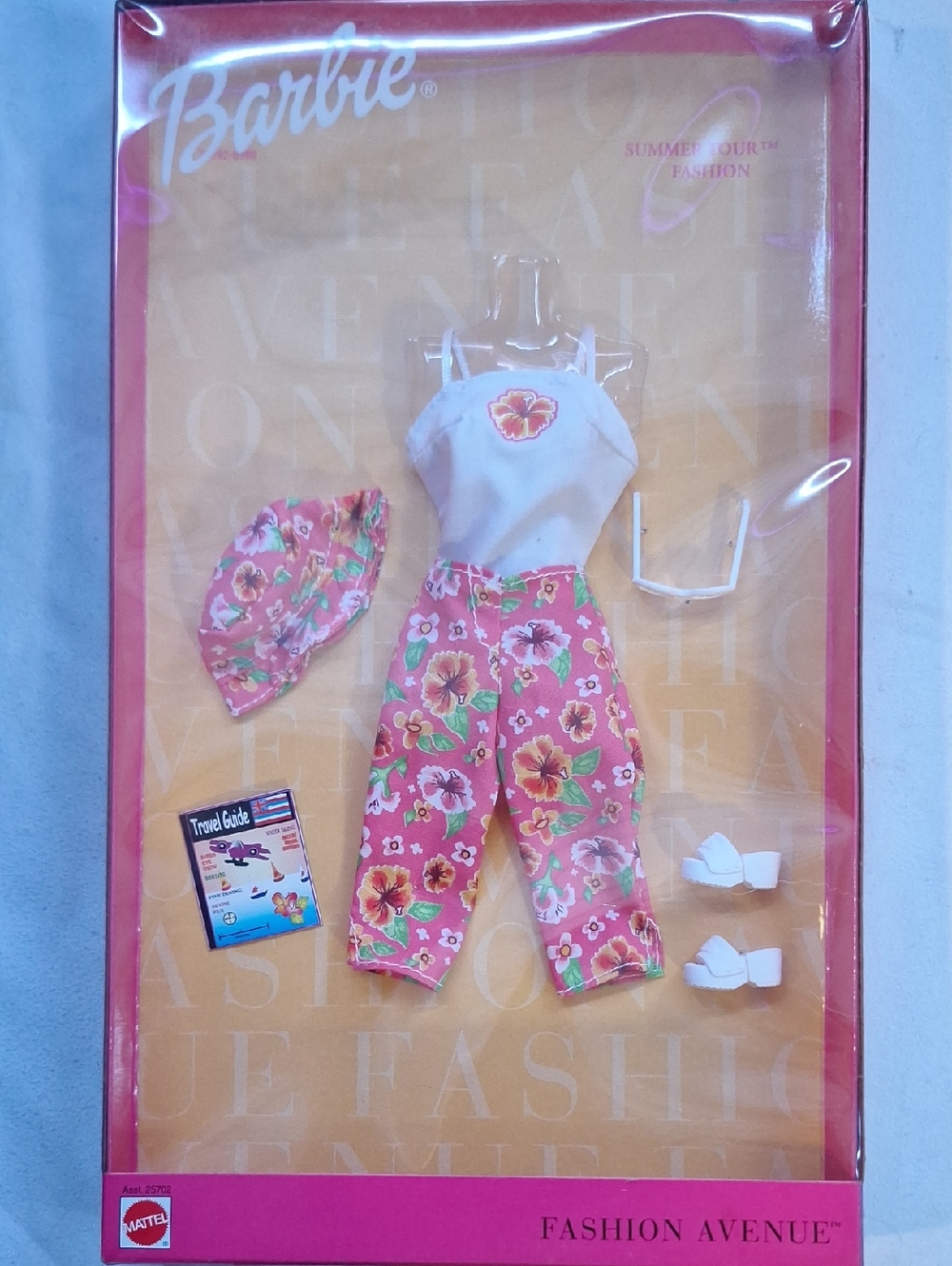 Vintage 1998 Barbie Pink Floral Pant Set with White Tank & Matching Hat